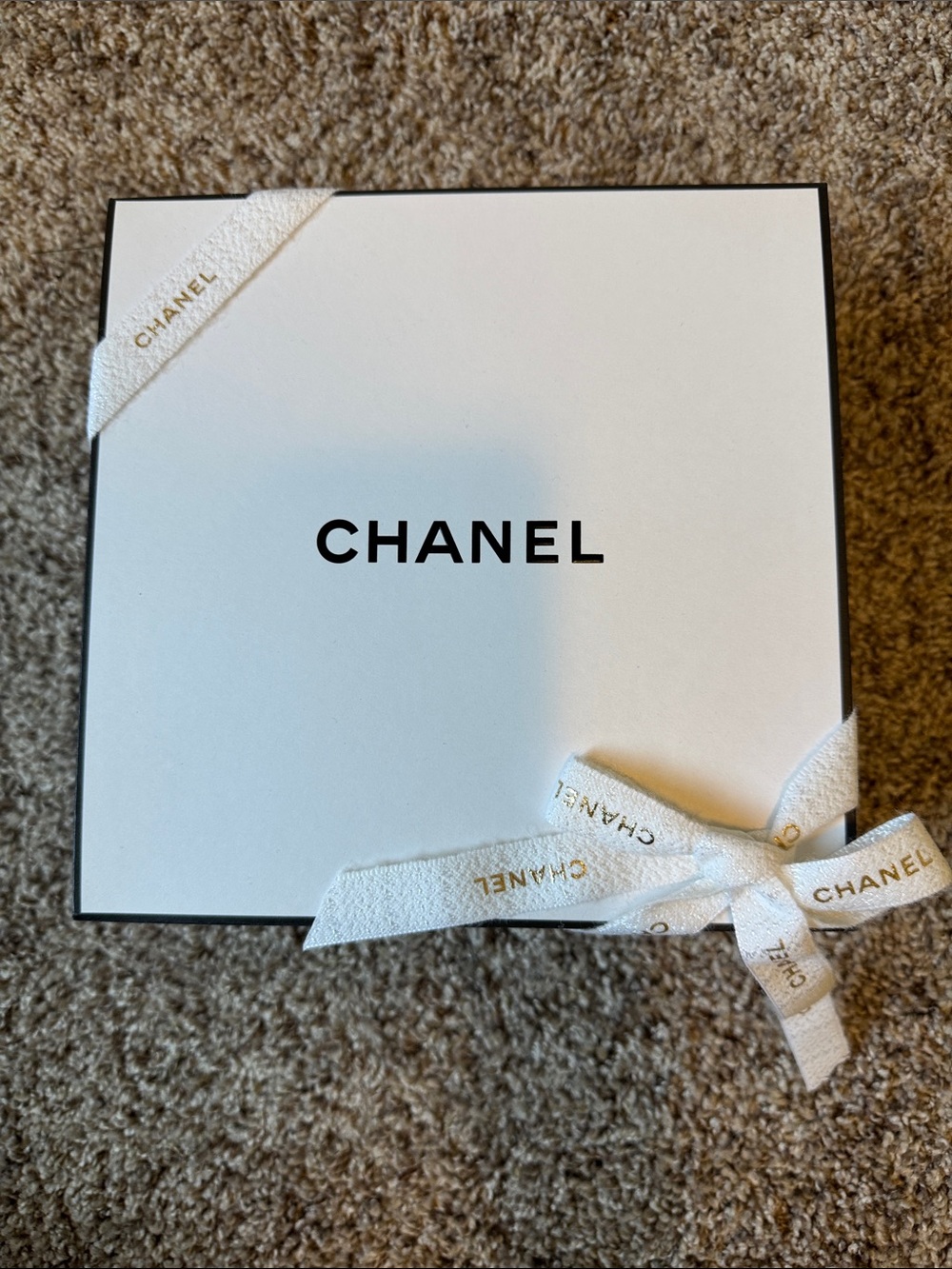 CHANEL White Gift Box with Gold-Print Ribbon and Black Logo
